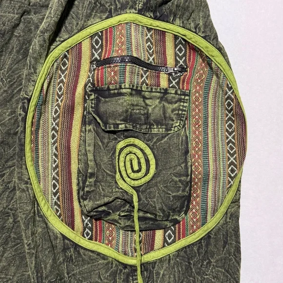 Kathmandu Olive Stonewashed Trousers Cargo Pants w/Tribal Patterns Harem Hippie - Picture 10 of 16